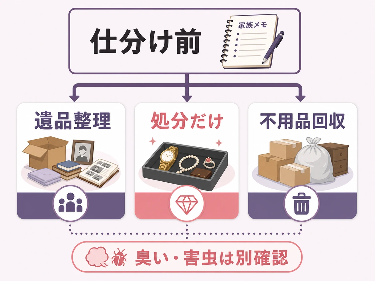仕分け前か処分だけかで遺品整理と不用品回収を選ぶ流れ