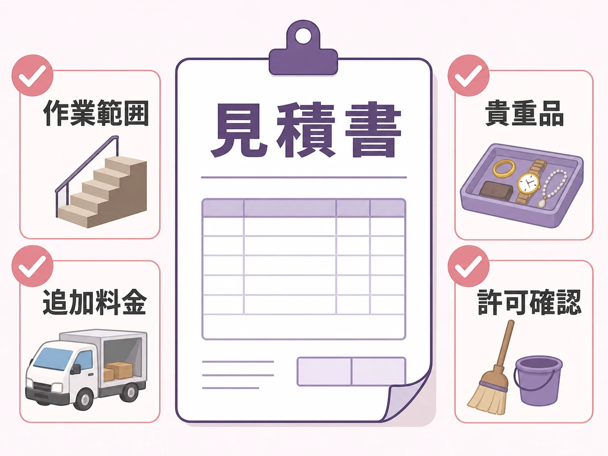 遺品整理や不用品回収の見積書で作業範囲や追加料金を確認する図解