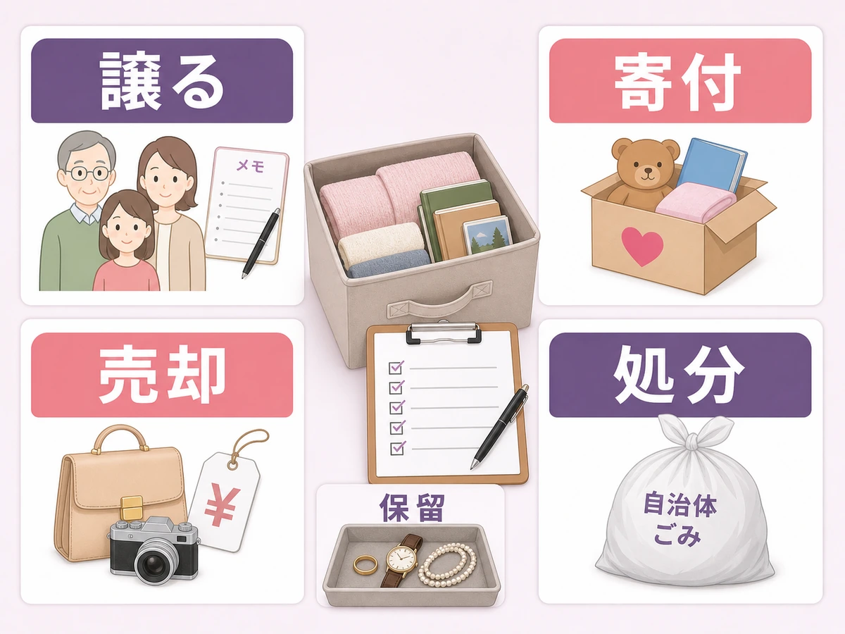譲る・寄付・売却・処分・保留の切り分けを示す比較図