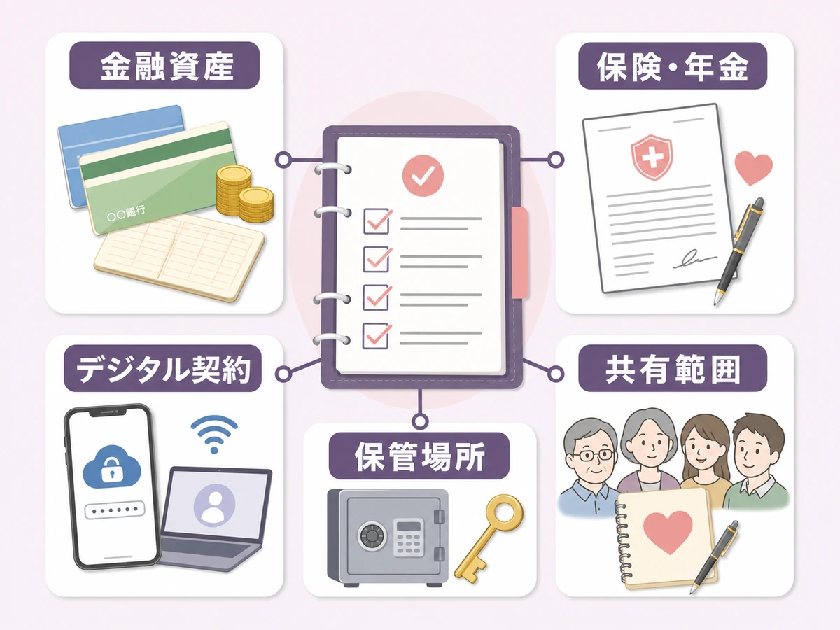 貴重品リストに入れる金融資産、保険年金、デジタル契約、保管場所、共有範囲の確認図