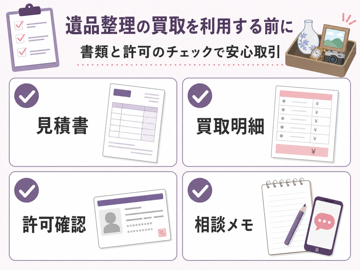 見積書、買取明細、許可確認、相談メモの確認順