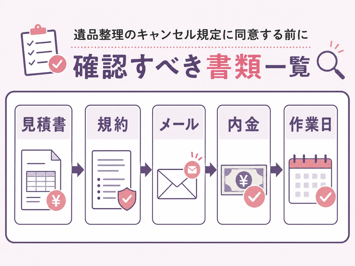 遺品整理のキャンセル規定に同意する前に確認する見積書・規約・メール・内金・作業日のチェックフロー