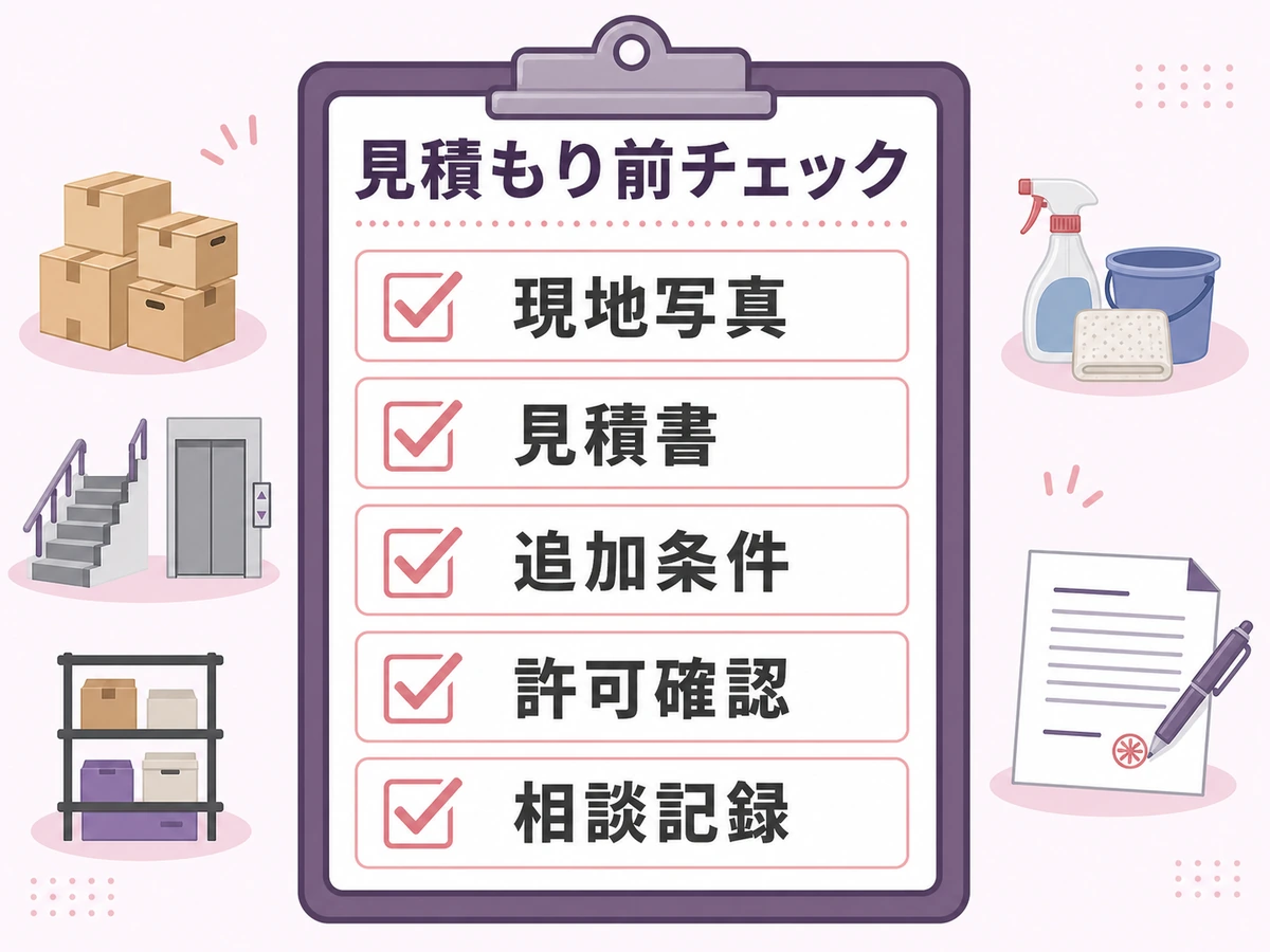 遺品整理の見積もり前に確認する写真、見積書、追加条件、許可、相談記録のチェックリスト
