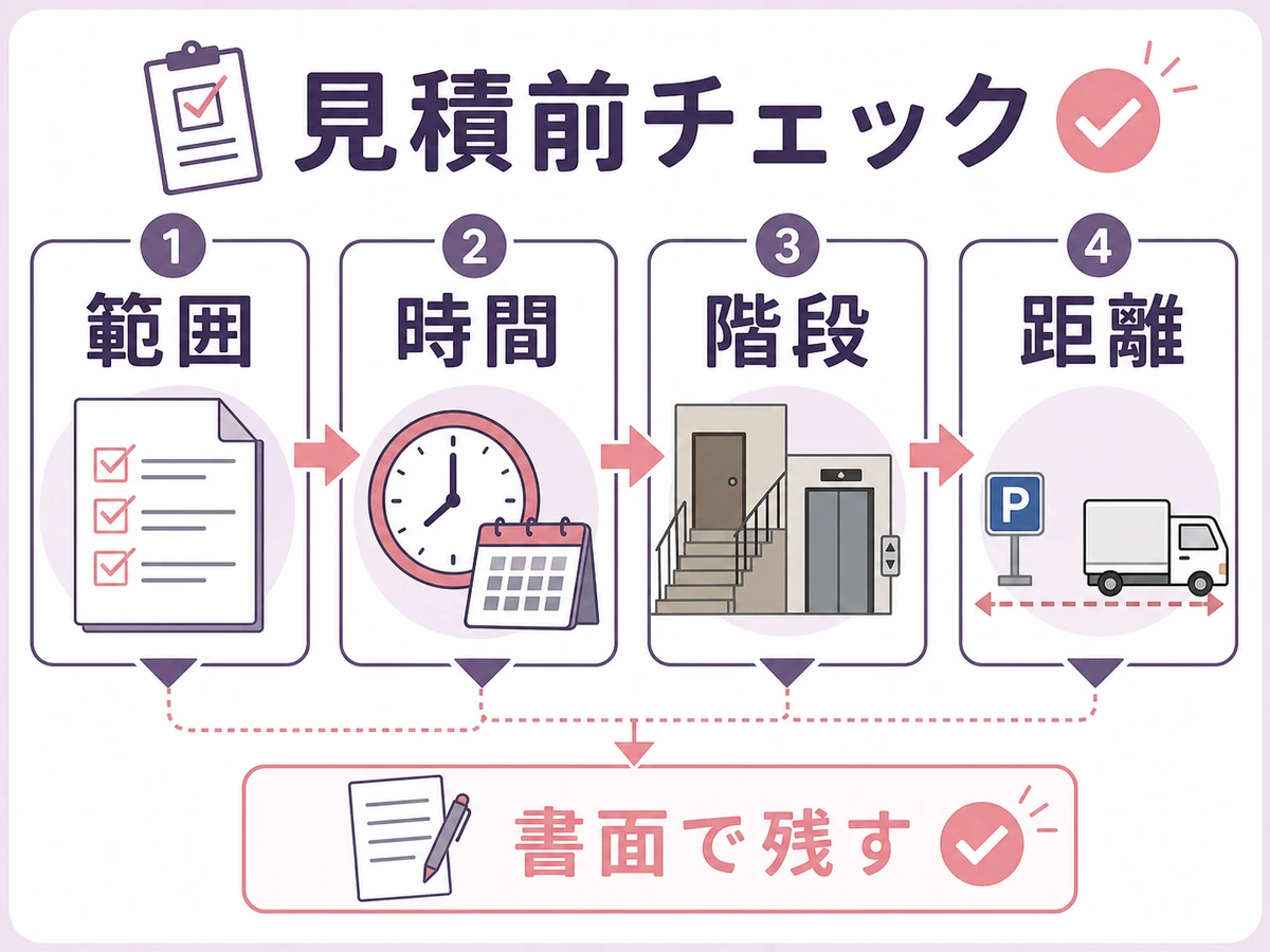 遺品整理の見積もり前に範囲・時間・階段・距離を書面で確認する流れ