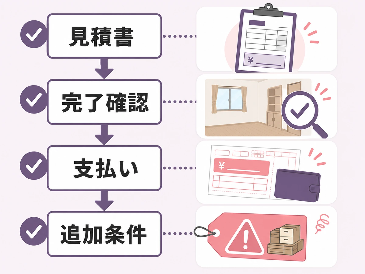 遺品整理費用を払う前に見積書、完了確認、支払い、追加条件を見る流れ