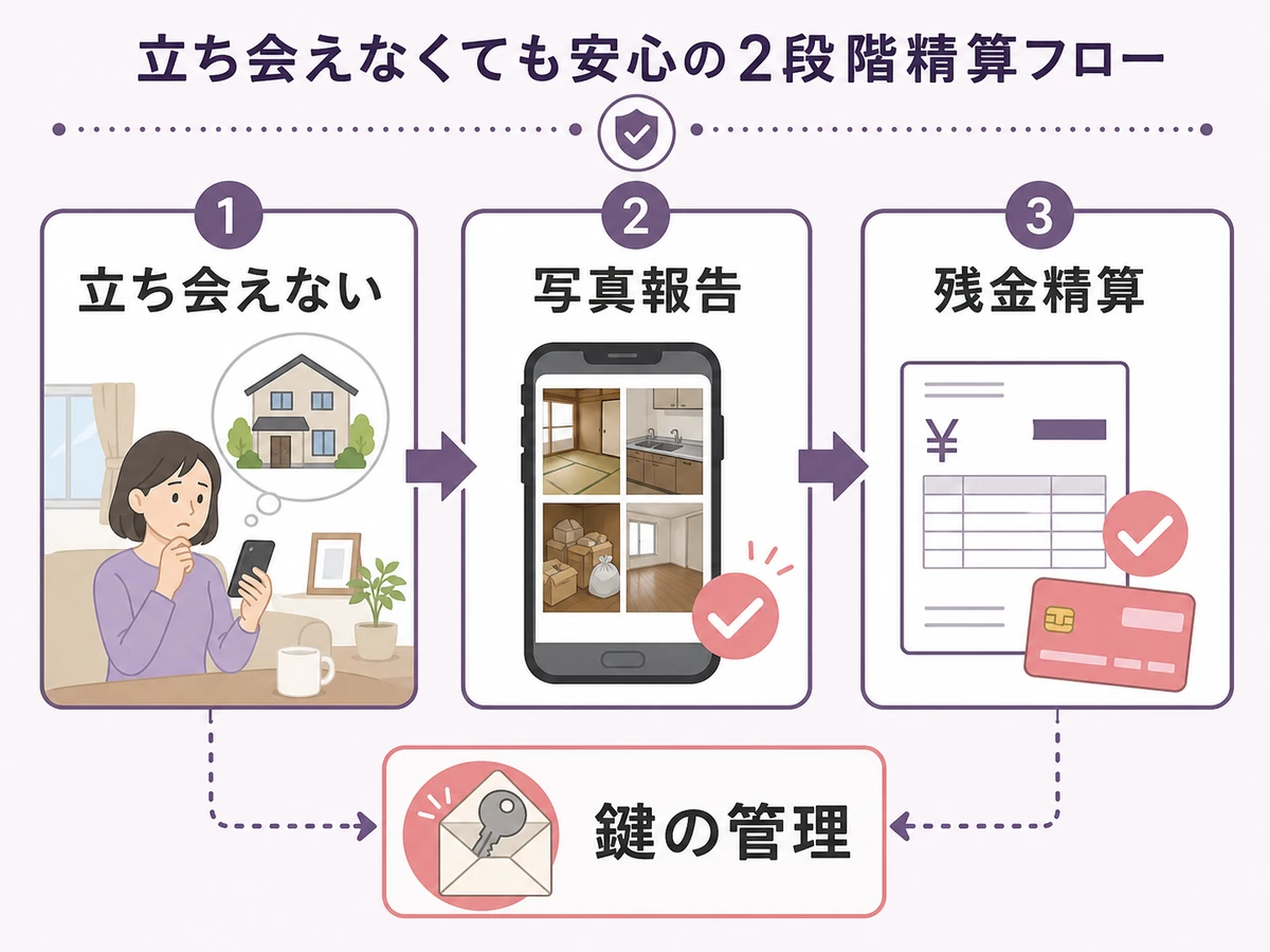 立ち会えない遺品整理で写真報告、残金精算、鍵の管理を確認する図解