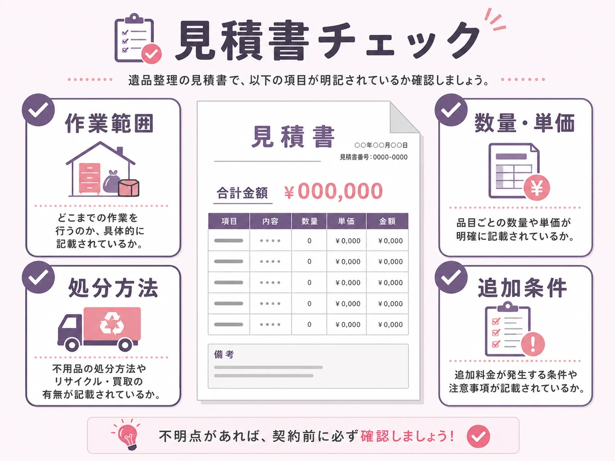 遺品整理の見積書で作業範囲、数量単価、処分方法、追加条件を確認する図解
