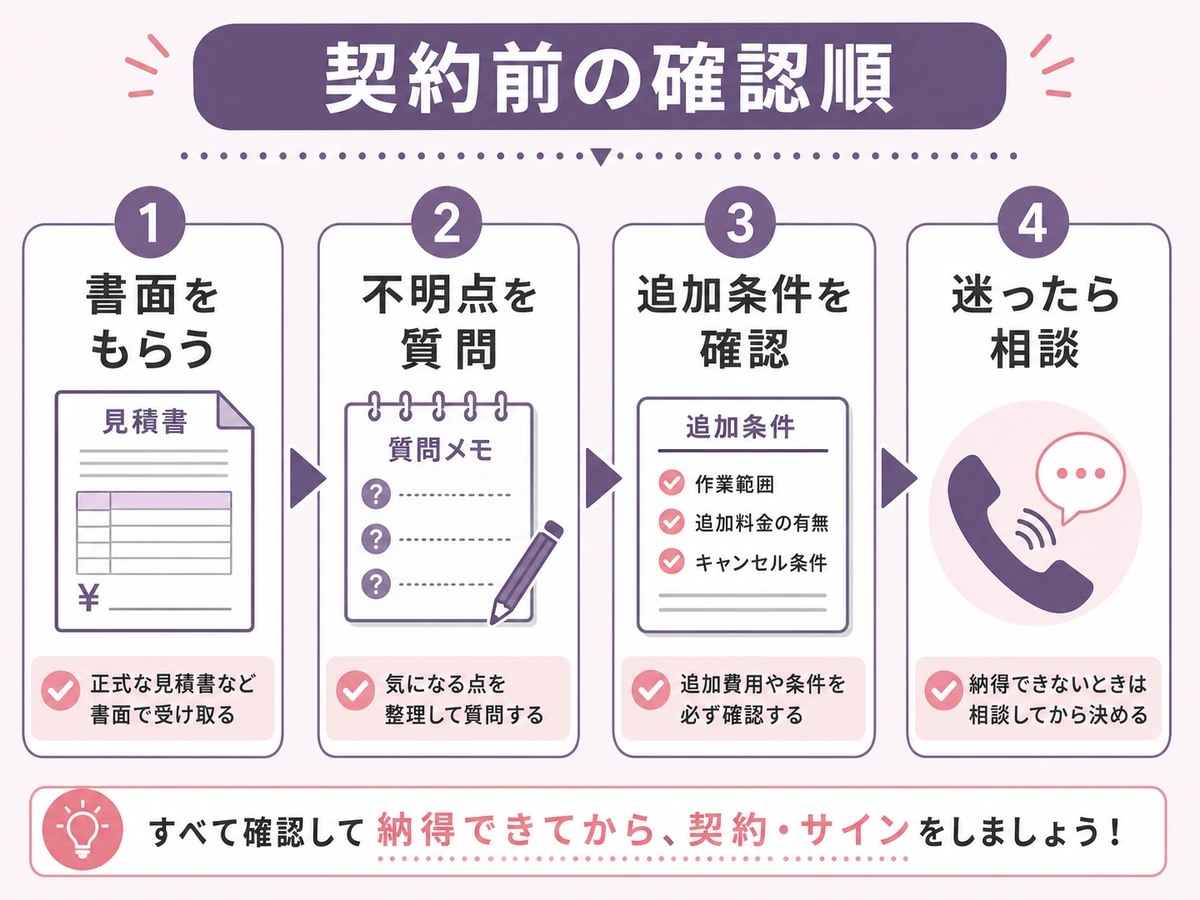 契約前に書面をもらい不明点と追加条件を確認して相談する流れの図解