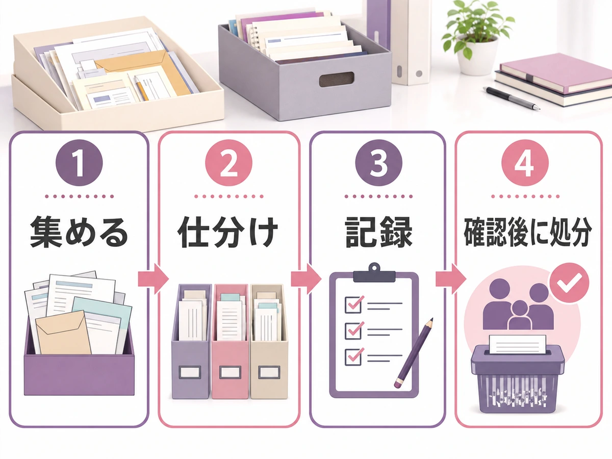 遺品整理で重要書類を集めて仕分けし、記録してから処分する流れ