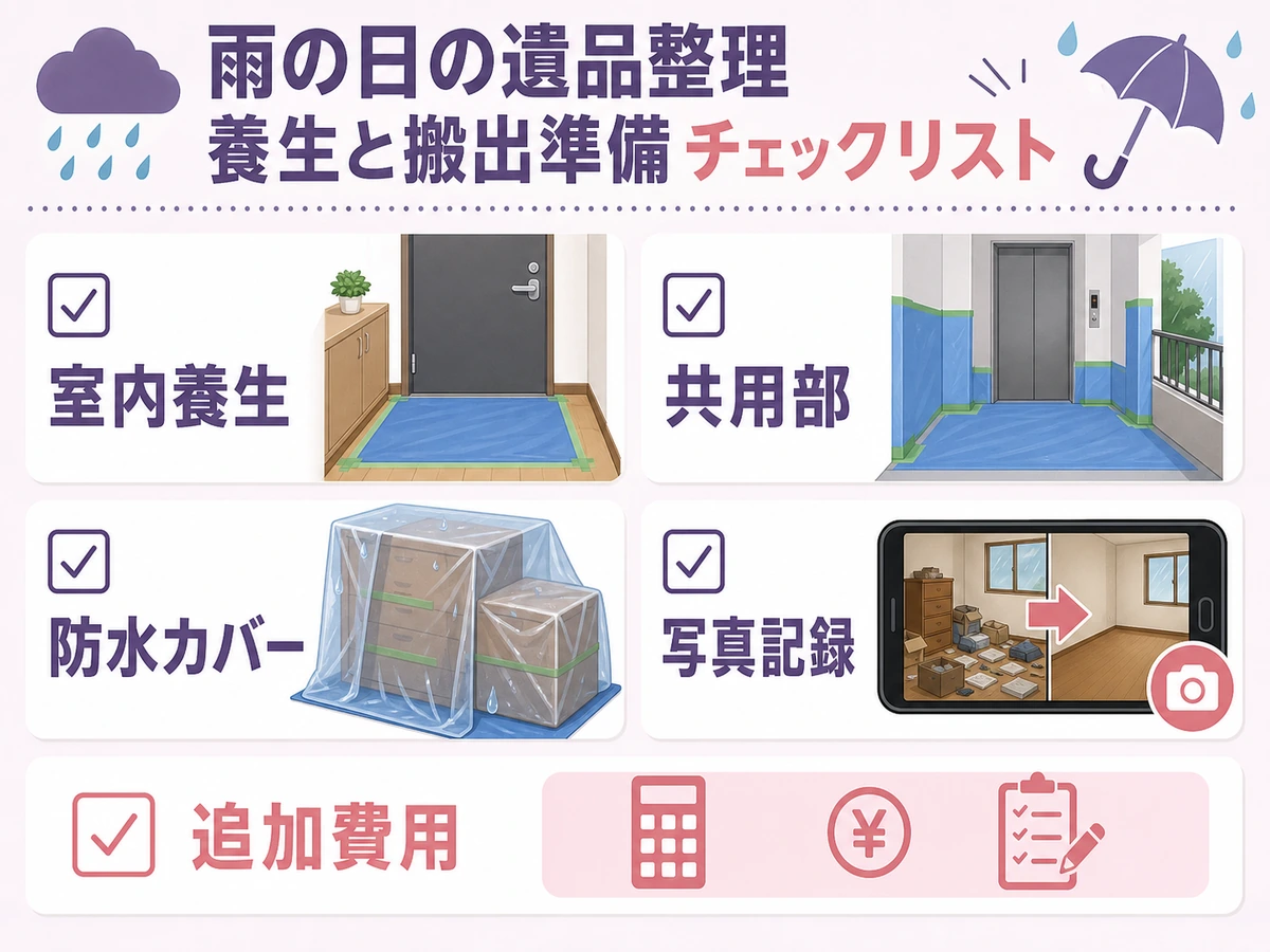 雨の日の遺品整理で確認する室内養生と共用部、防水カバー、写真記録のチェック図