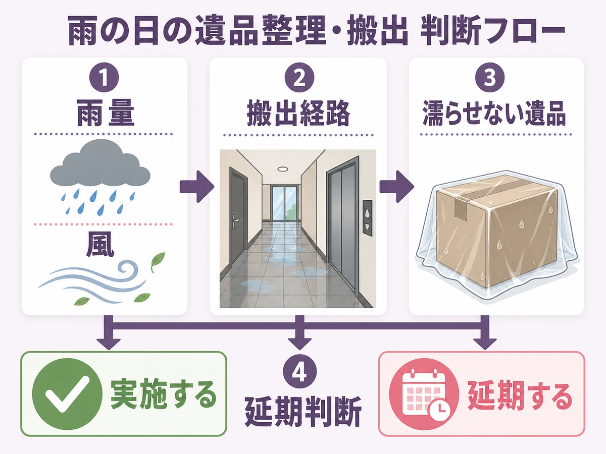 雨の日の遺品整理で雨量や風、搬出経路、濡らせない遺品から延期判断をする図