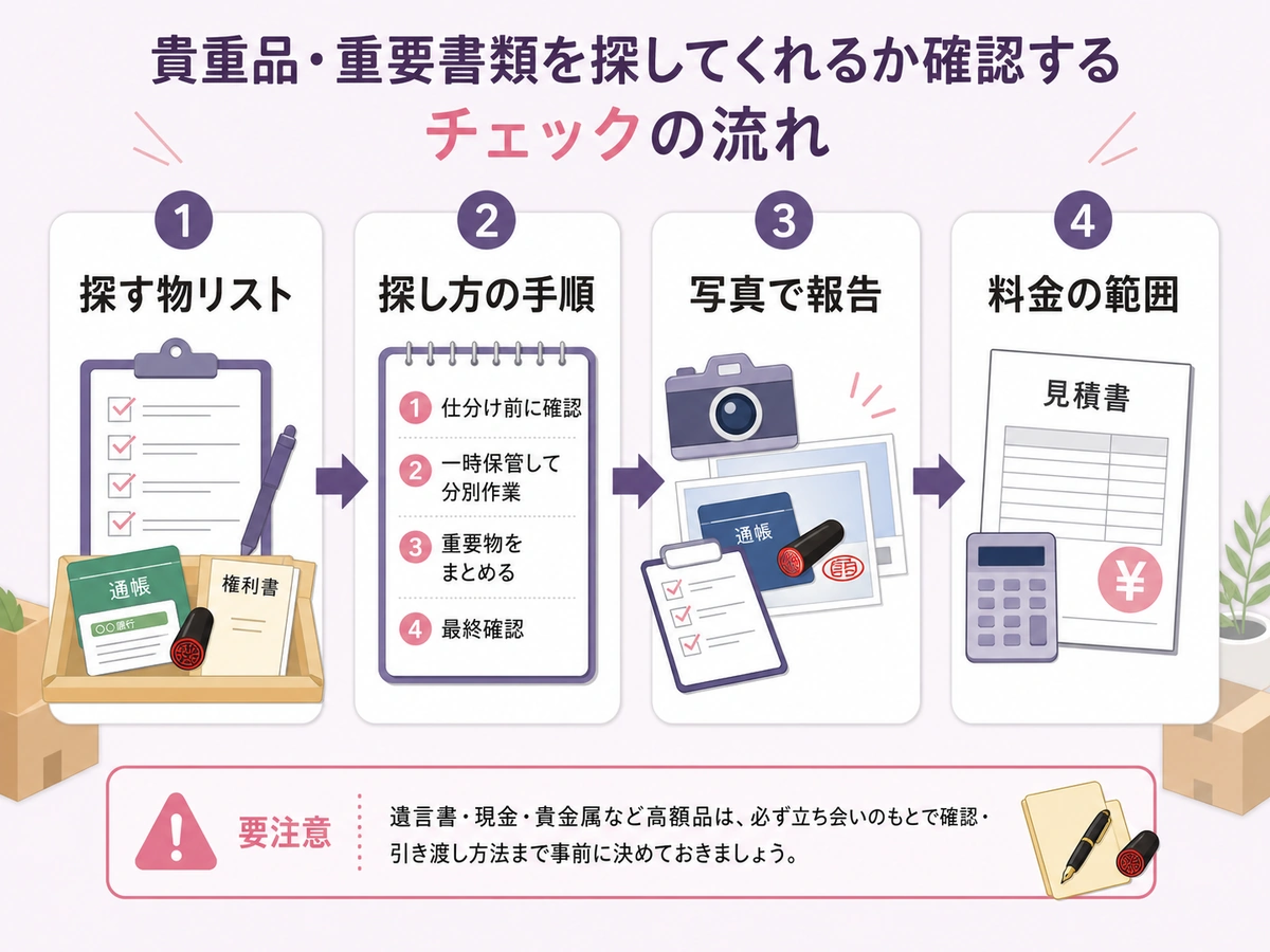 探す物リストから写真報告と料金確認までの流れを示す図