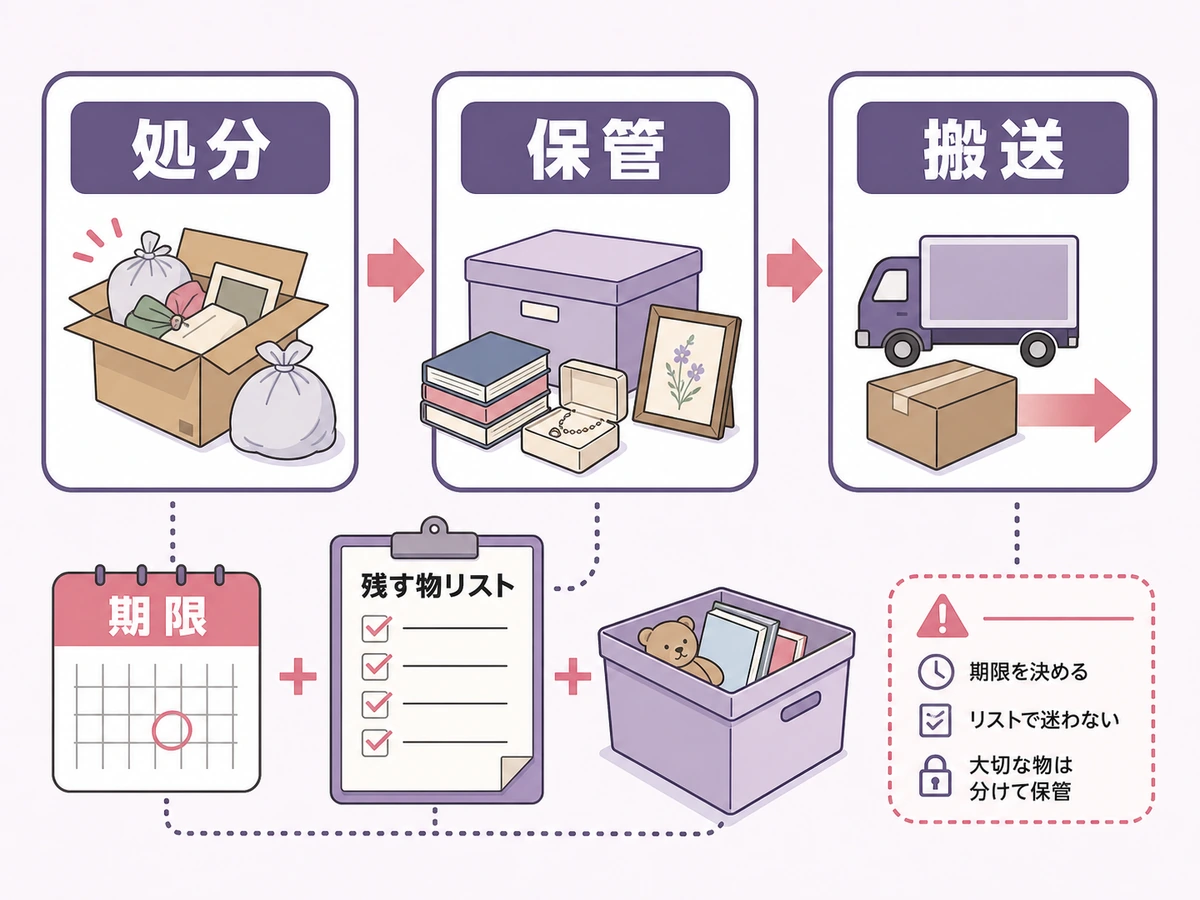 処分・保管・搬送と期限、残す物リストを分けて確認する図解
