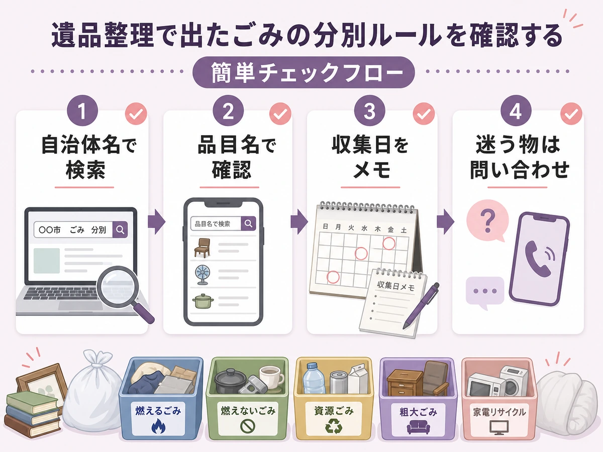 遺品整理のゴミ分別で自治体名検索から問い合わせまでの確認順