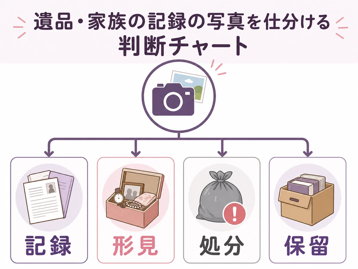 遺品整理の写真を記録・形見・処分・保留に分ける判断チャート