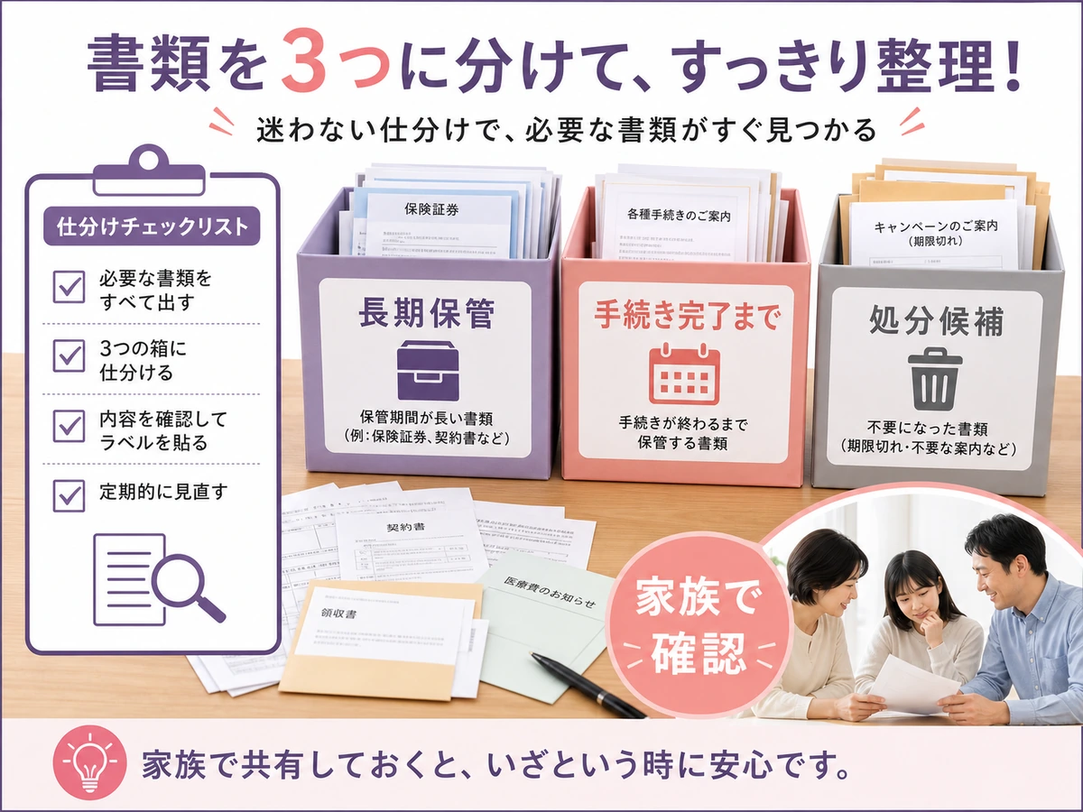 重要書類を長期保管・手続き完了まで・処分候補に分ける図