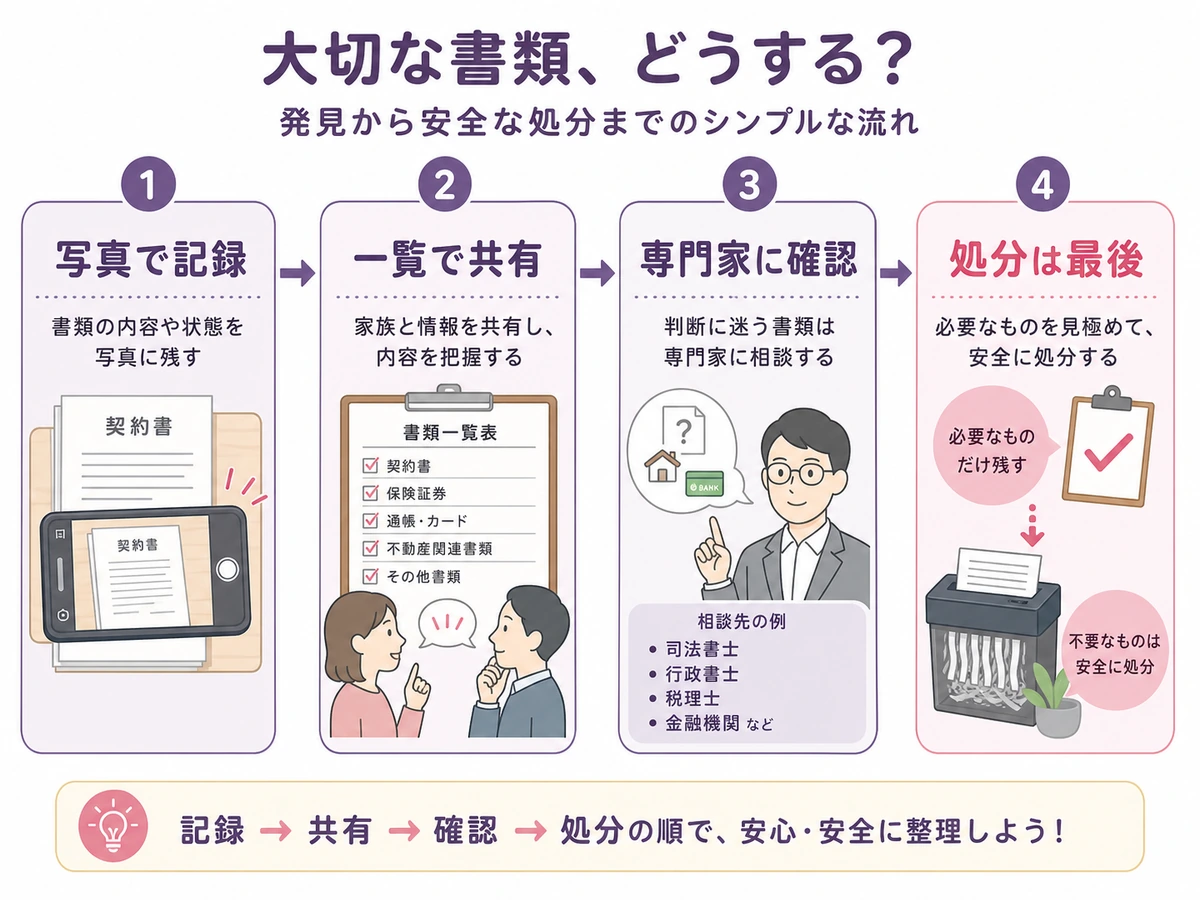 書類を処分する前に写真で記録し家族共有と専門家確認を行う流れの図