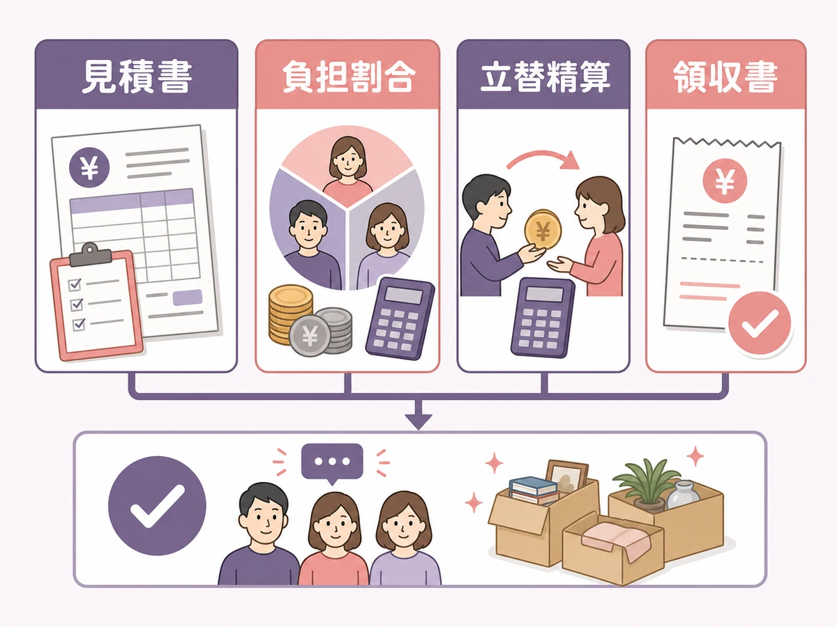 遺品整理の費用負担を見積書、負担割合、立替精算、領収書で整理する図