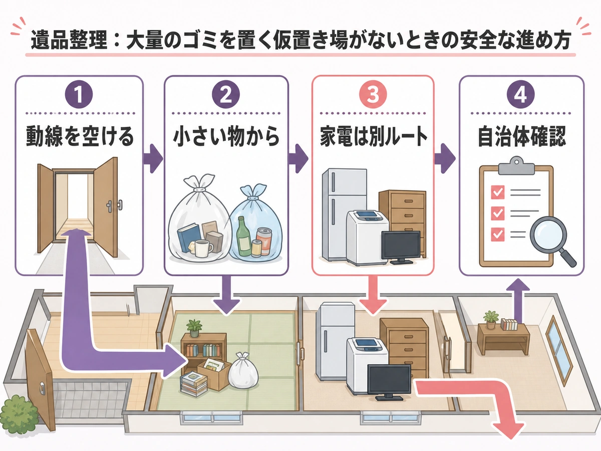 一時置き場がない遺品整理で動線、小さい物、家電、自治体確認の順番を示す図