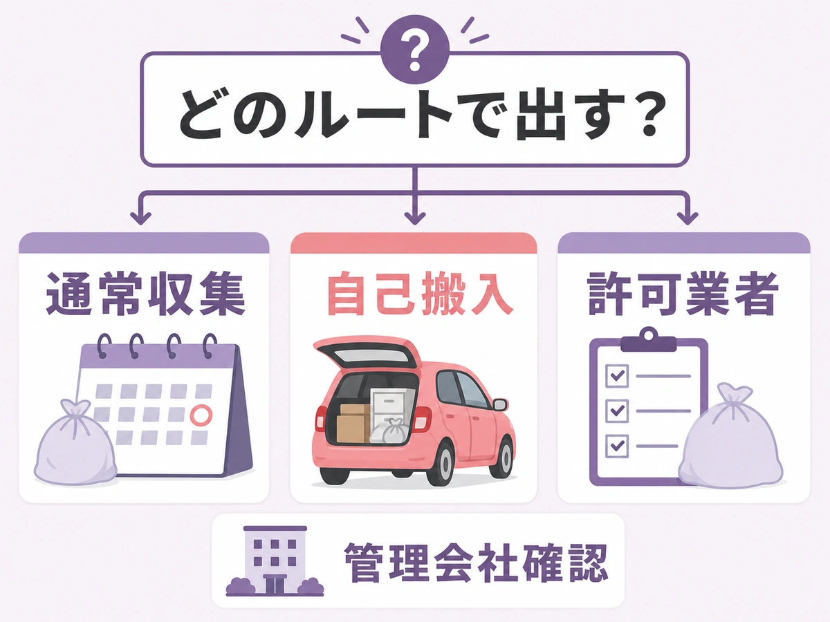 遺品整理の大量ゴミを通常収集、自己搬入、許可業者、管理会社確認で選ぶ図