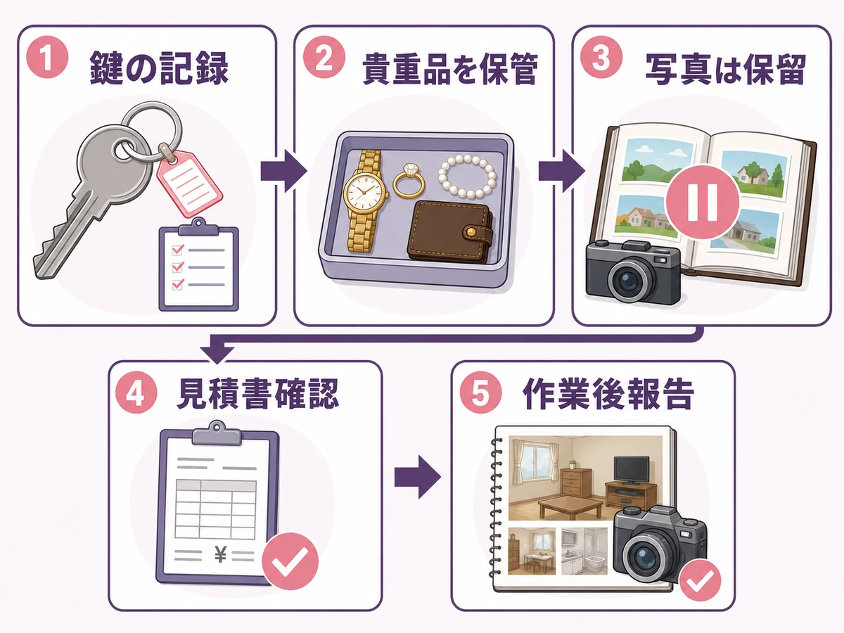 立会いなしの遺品整理で鍵や貴重品などの確認順を示すチェックフロー