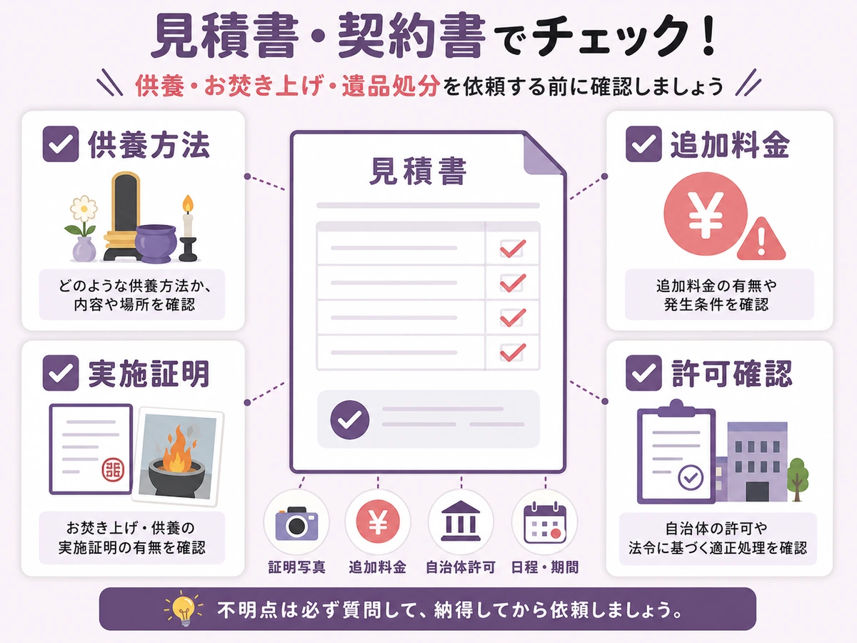 供養方法、追加料金、実施証明、許可確認を見積書で確認するチェックリスト