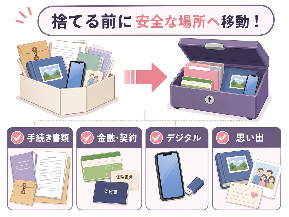遺品整理で捨てる前に手続き書類・金融契約・デジタル・思い出を分ける流れ