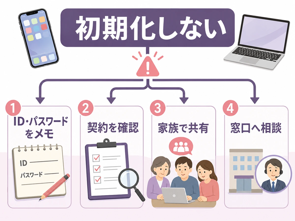 デジタル遺品を初期化せず契約確認と家族共有を進める判断チャート