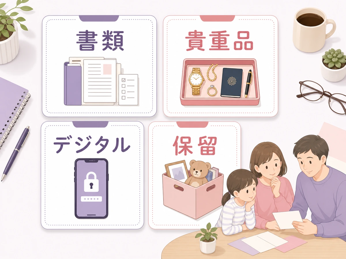 書類・貴重品・デジタル情報・保留品を分ける生前整理のチェック図