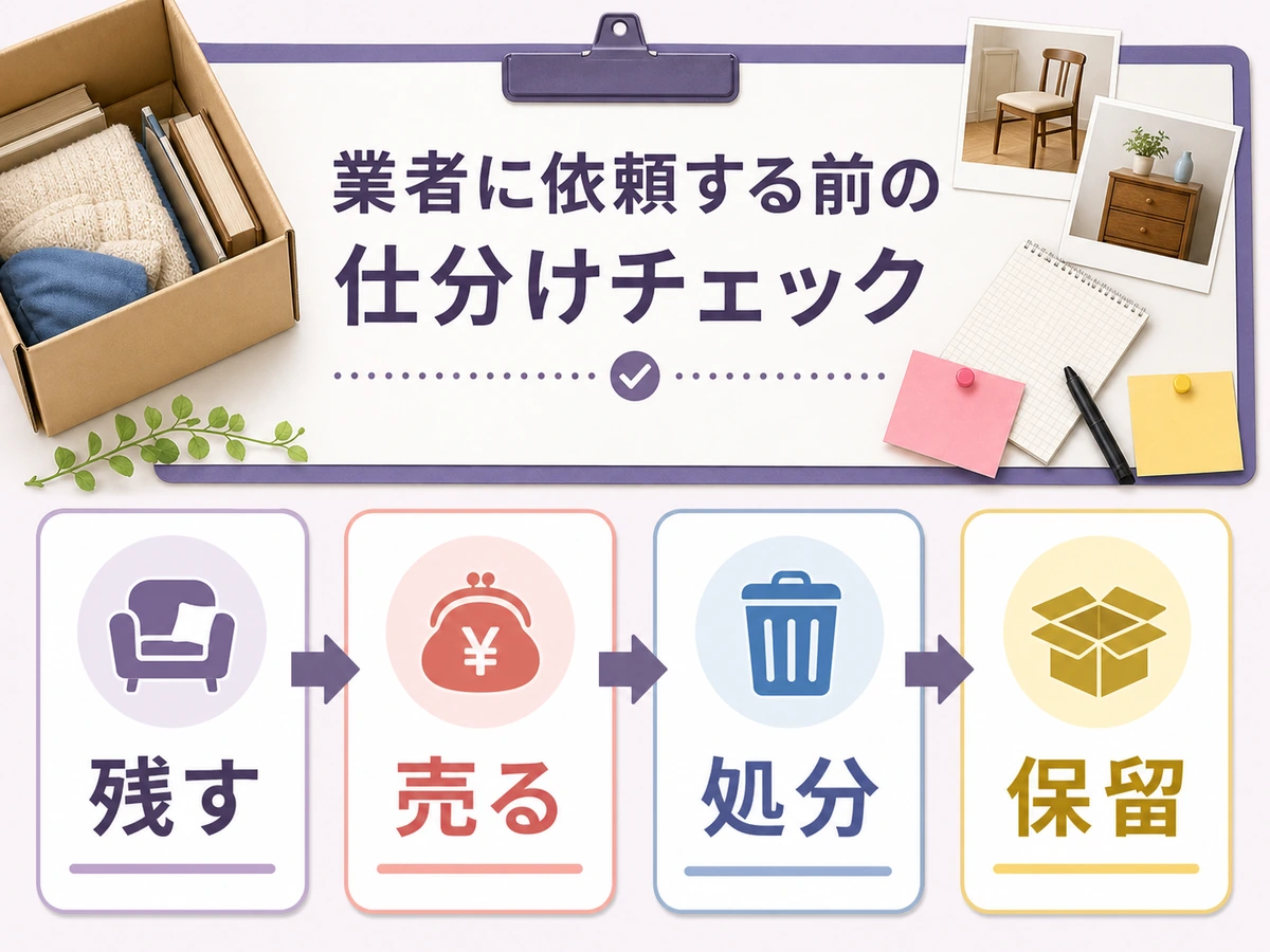 依頼前に残す物・売る物・処分する物・保留品を分ける確認フロー