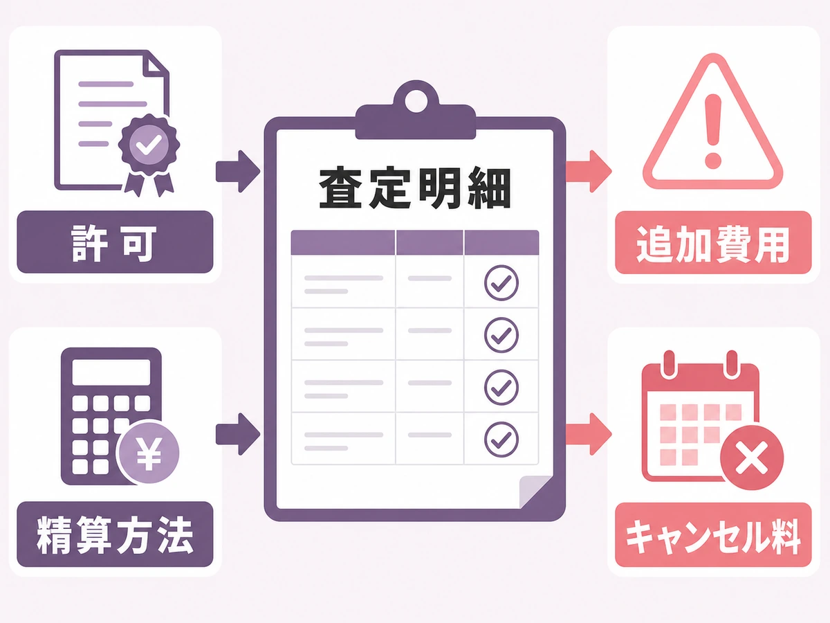 見積書で許可・査定明細・追加費用・キャンセル料・精算方法を確認する図