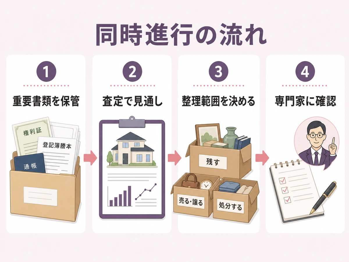 遺品整理と不動産売却を同時進行する重要書類保管・査定・整理範囲・専門家確認の流れ