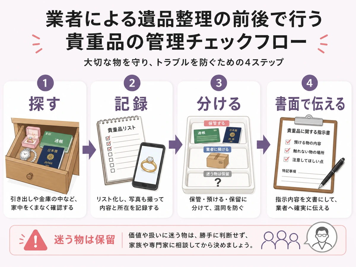 遺品整理で貴重品を探す、記録する、分ける、書面で伝える流れ