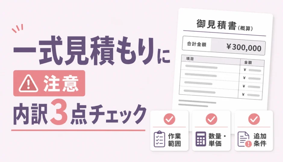 遺品整理の見積書で一式表記と内訳3点チェックを示すサムネイル