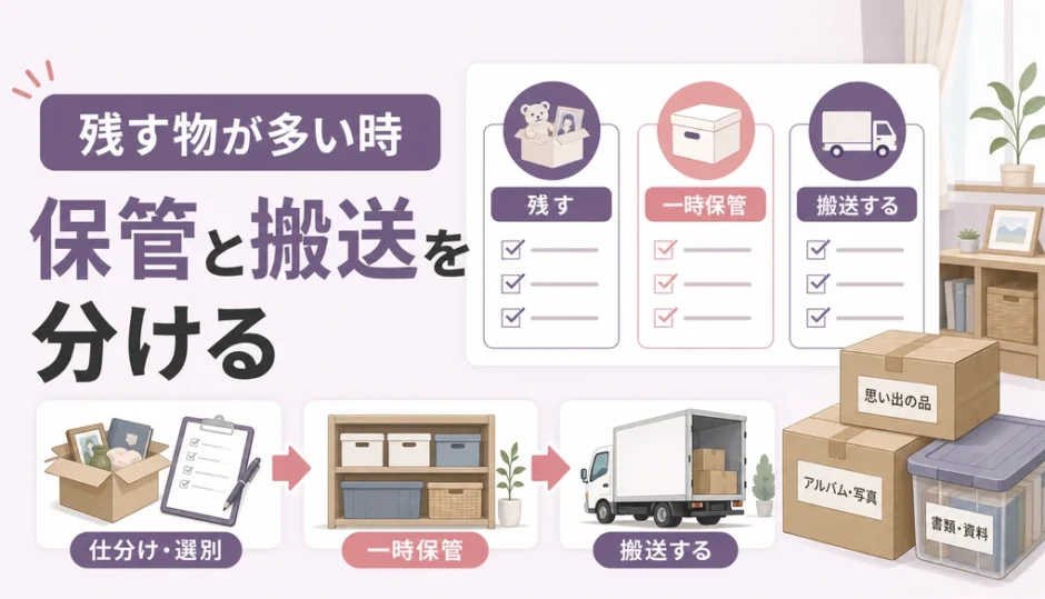 残す物が多い遺品整理で保管と搬送を分ける流れの図解
