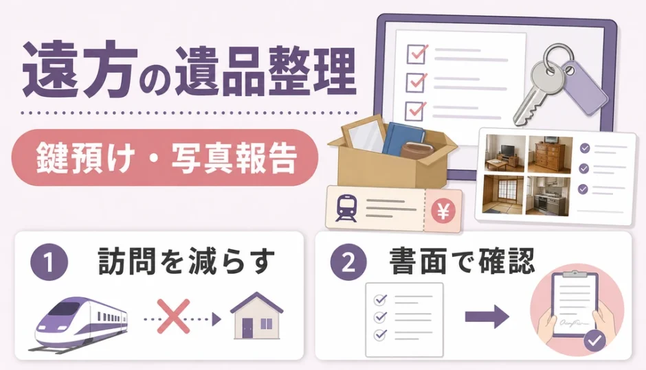 遠方の遺品整理で鍵預けと写真報告を確認する図解