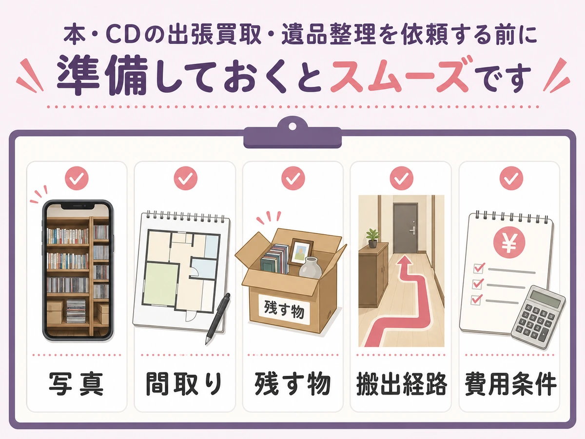 本やCDの出張相談前に写真・間取り・残す物・搬出経路・費用条件を準備する図