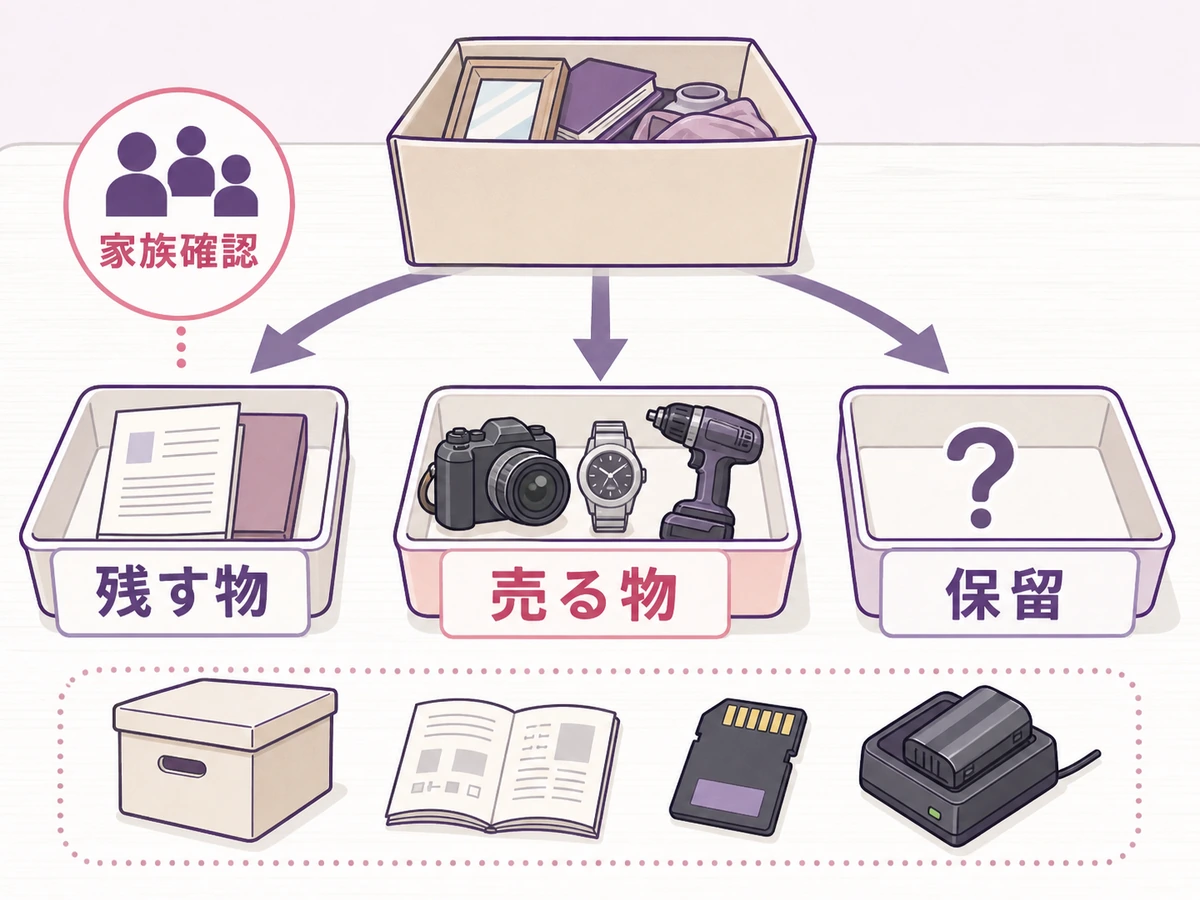 遺品を残す物・売る物・保留に分ける確認フロー