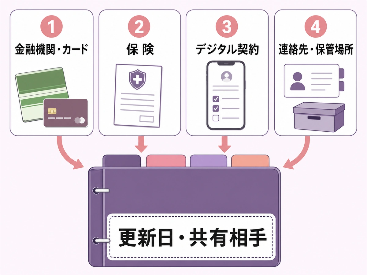 生前整理の情報ファイルを金融機関・保険・デジタル契約・連絡先の4区分に分ける図