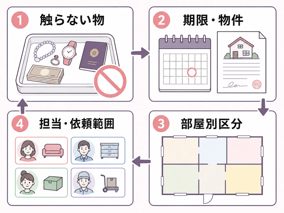 作業地図に書く触らない物、期限、部屋別区分、担当範囲の4項目