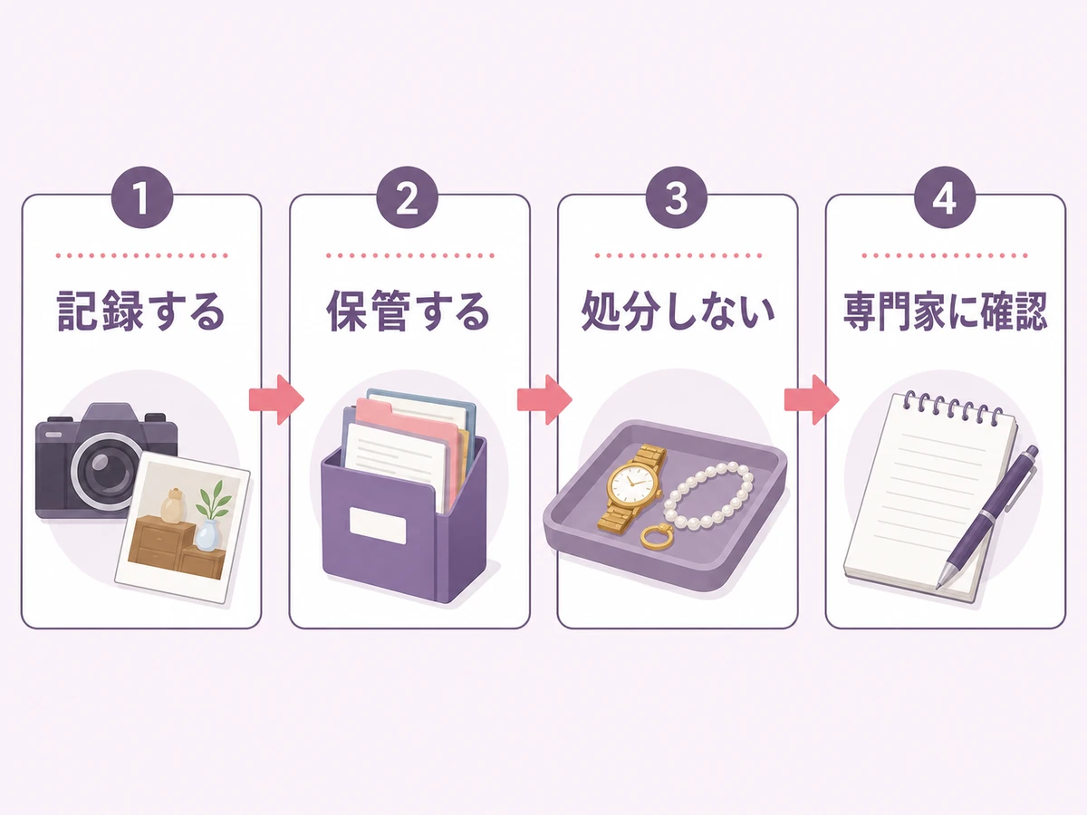 相続放棄前の遺品整理で記録・保管・処分保留・専門家確認の流れを示す図