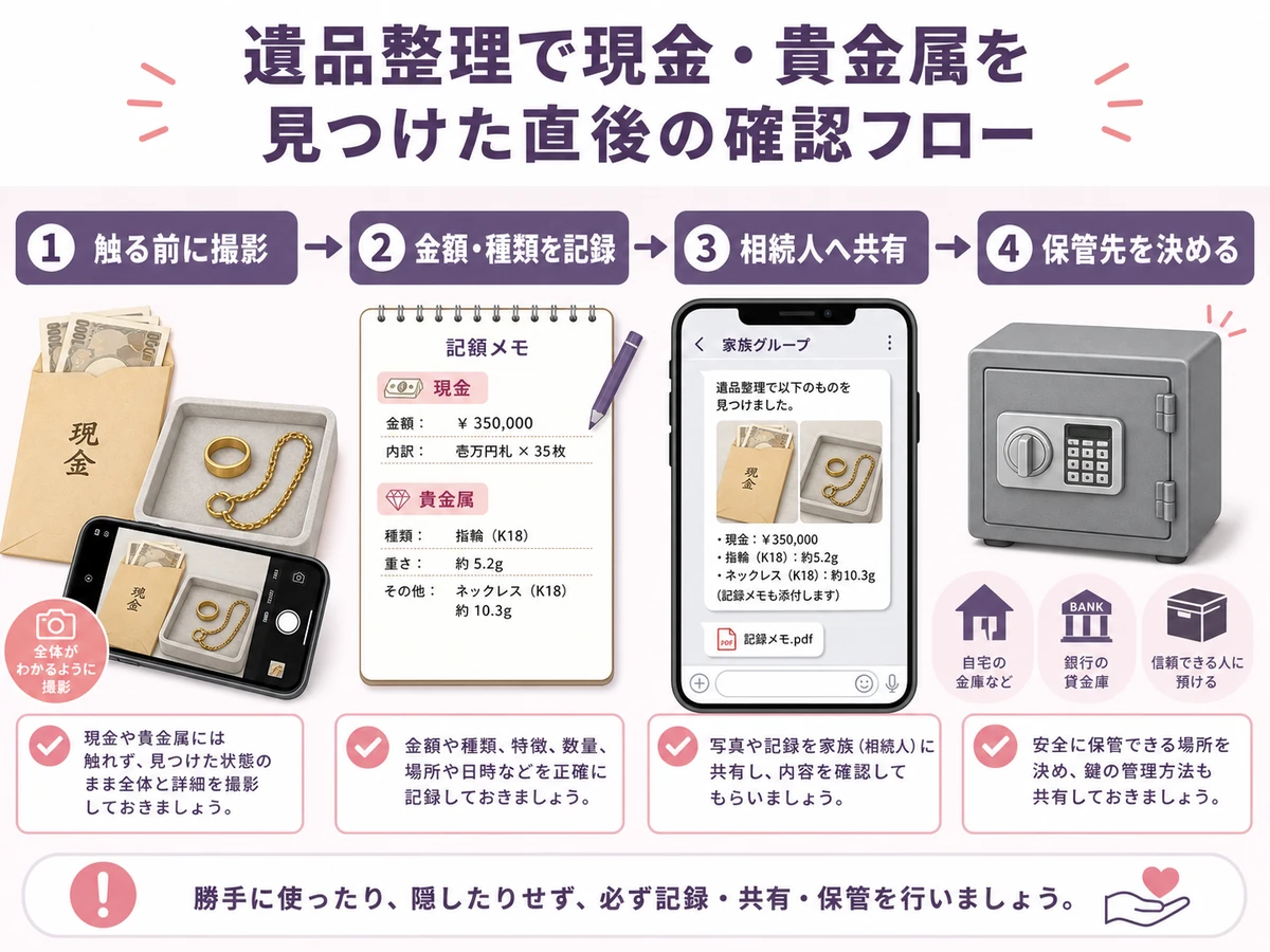 現金や貴金属を見つけた直後の撮影・記録・共有・保管先決定の流れ