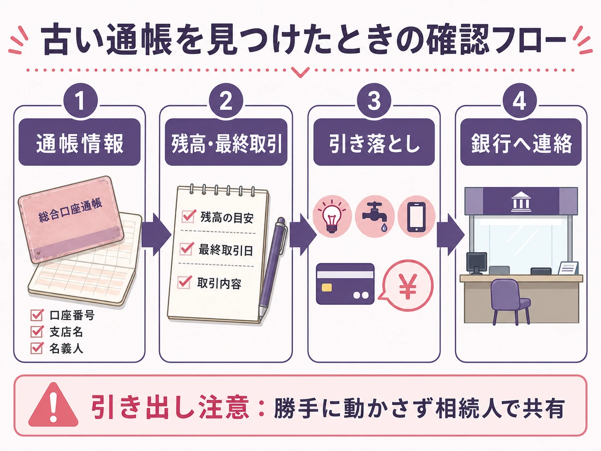 古い通帳を見つけたときの通帳情報、残高、引き落とし、銀行連絡の確認フロー