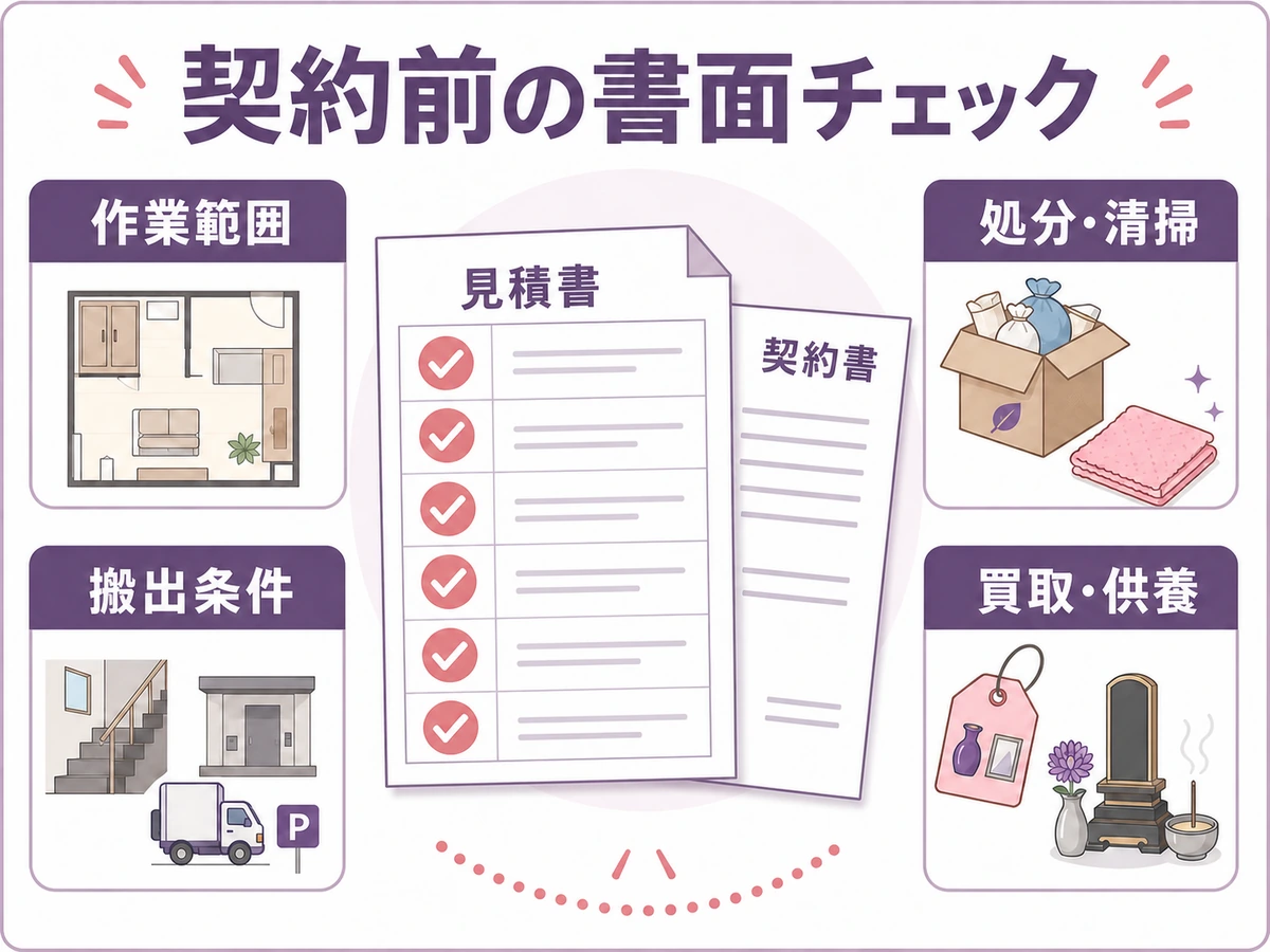 遺品整理の契約前に作業範囲、搬出条件、処分・清掃、買取・供養を確認する書面チェック
