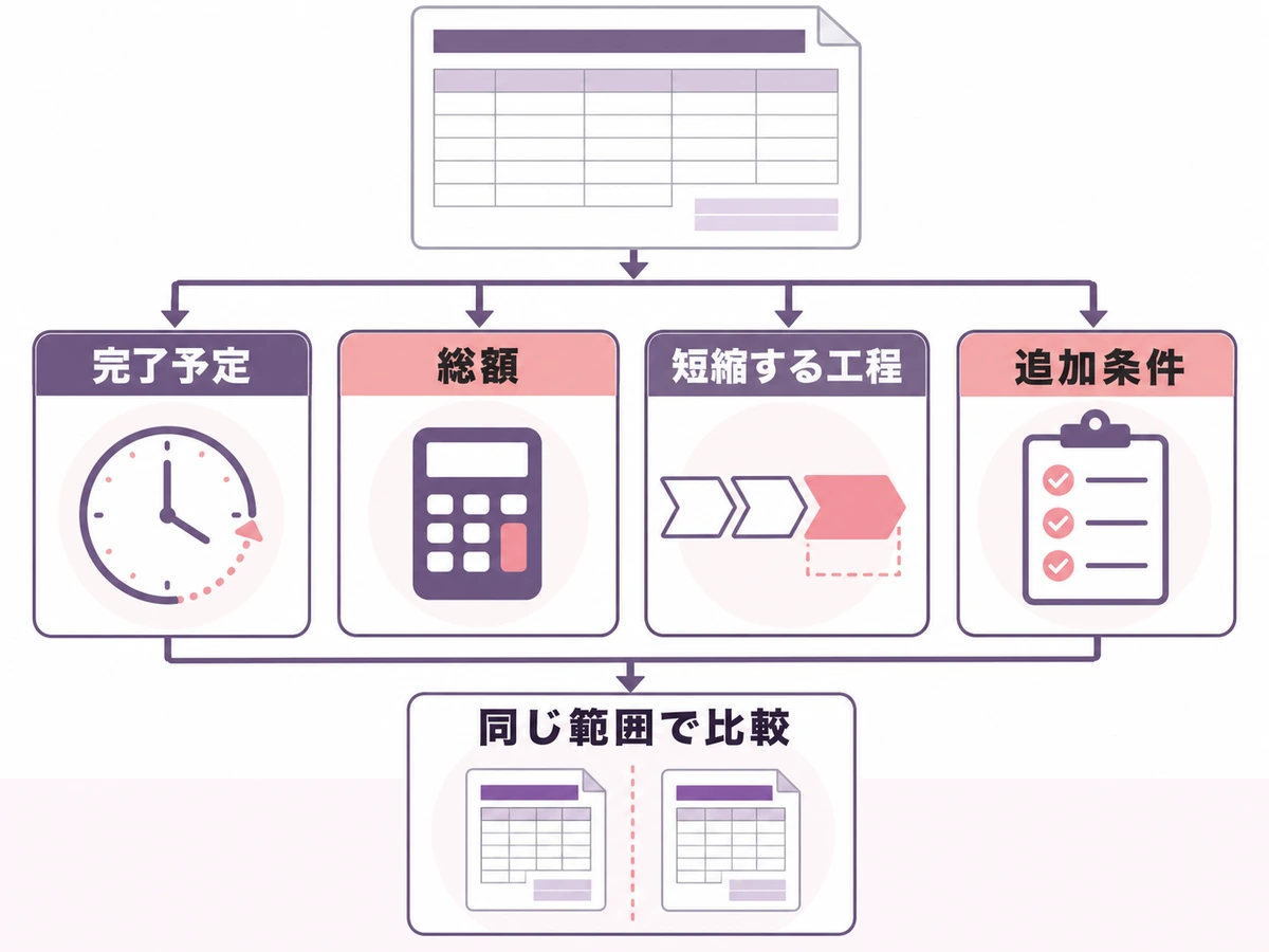 作業員1名追加を完了予定・総額・短縮工程・追加条件の順に比べる図