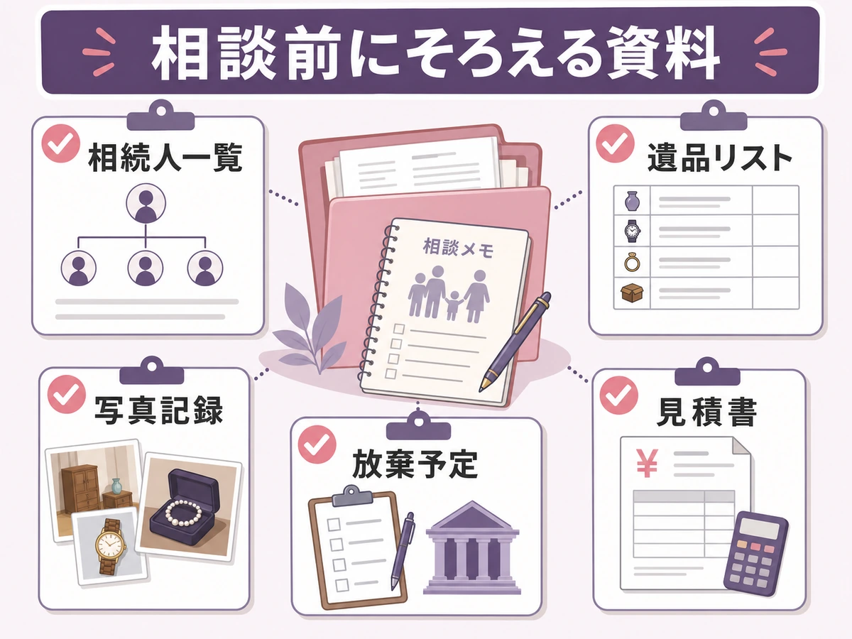 遺品整理や相続相談の前に相続人一覧、遺品リスト、写真記録、見積書、放棄予定をそろえる図