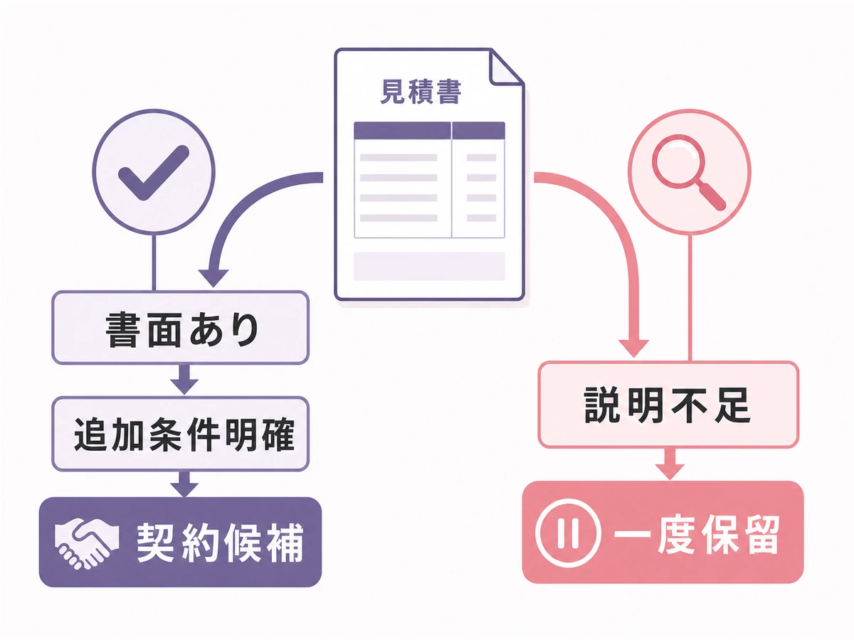 安い遺品整理の見積もりを契約候補と一度保留に分ける判断図