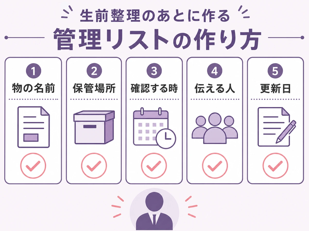 残す物の管理一覧に書く物の名前・保管場所・確認する時・伝える人・最終判断者・更新日