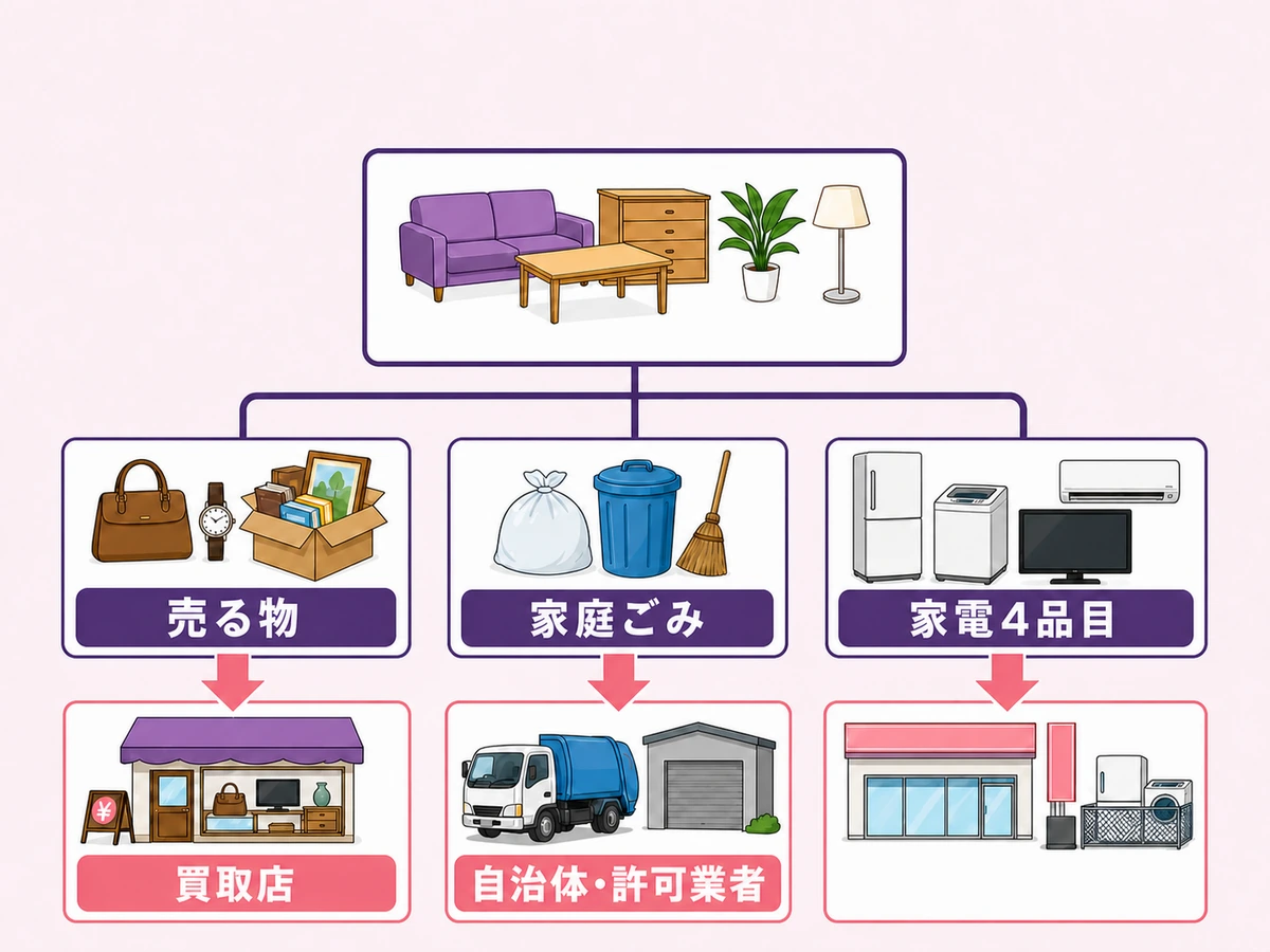 売る物・家庭ごみ・家電4品目の処分ルートを分けた比較図