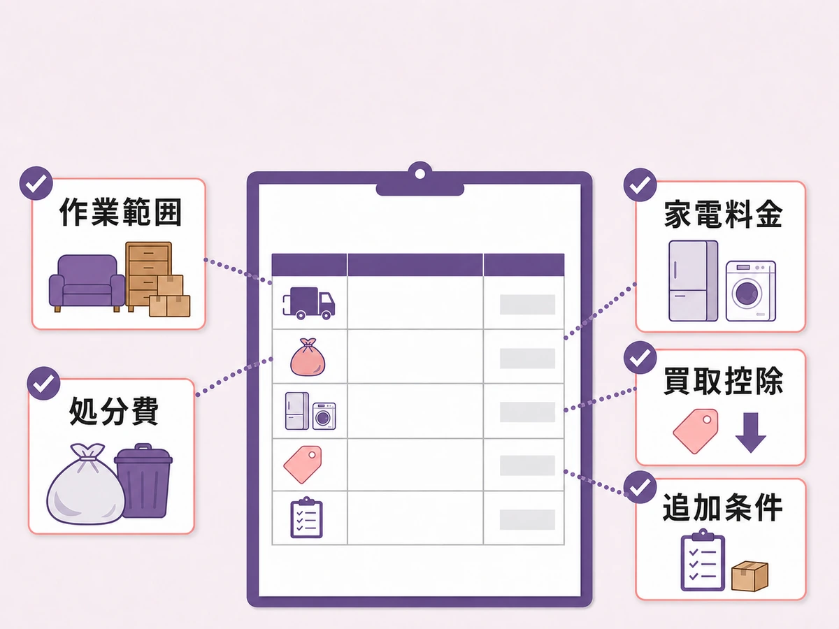 遺品整理の見積書で作業範囲・処分費・家電料金・買取控除・追加条件を確認する図